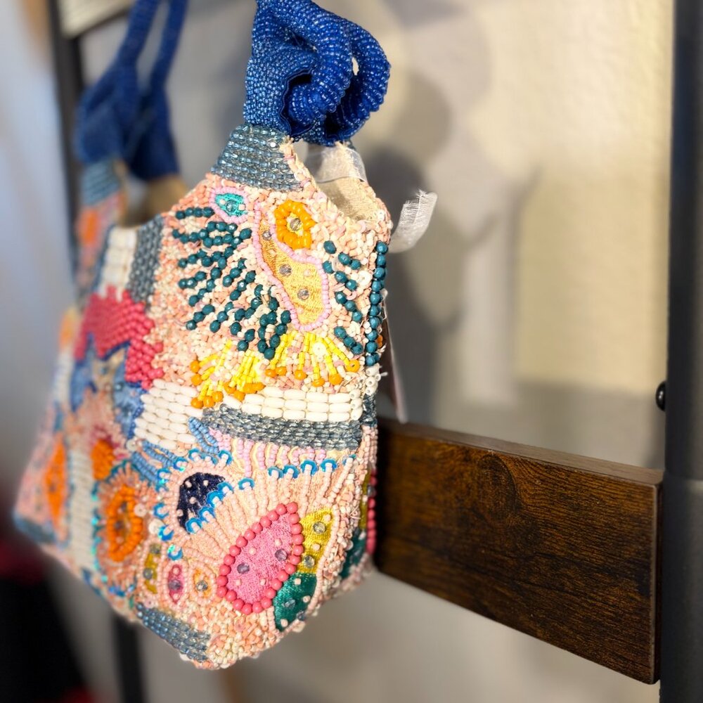 Viral Made in India Beaded Bag Multicolor w/ Blue Handle - Picture 4 of 6